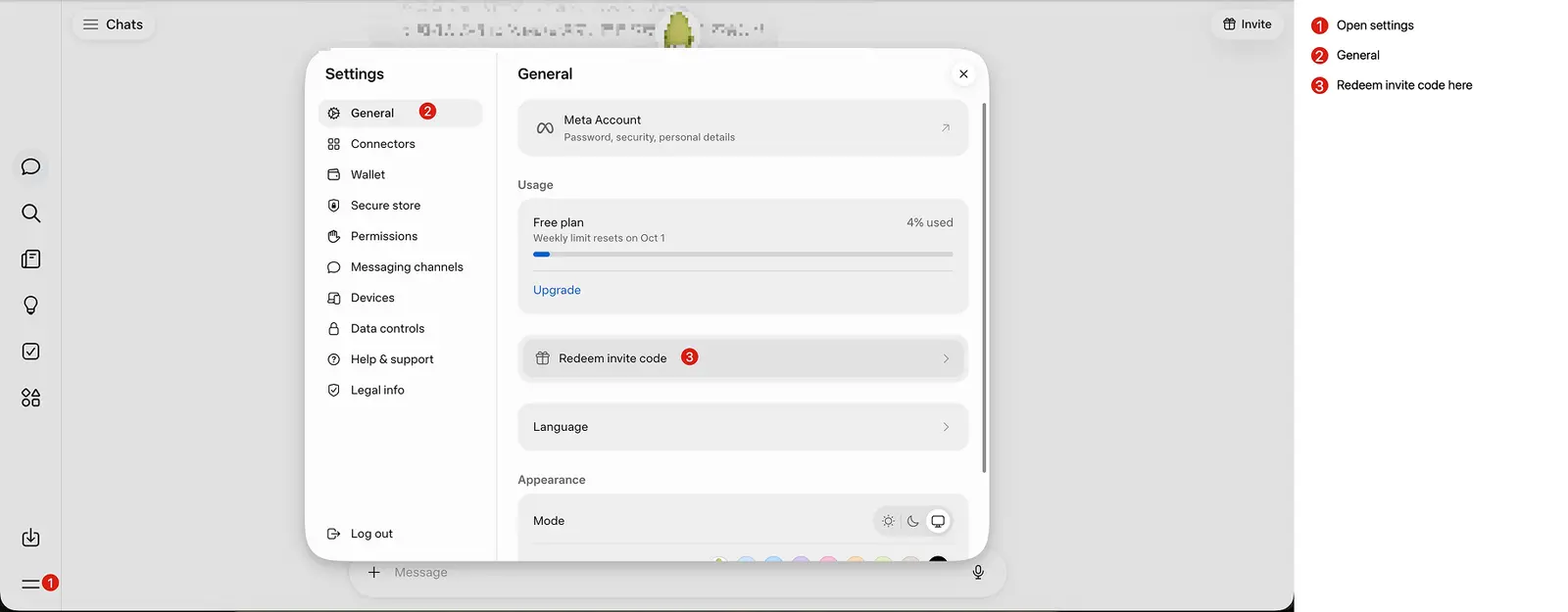 Muse on the web: open the menu at the bottom-left, choose General in Settings, then click Redeem invite code.
